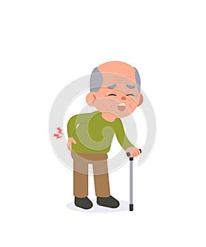 The old man had a lot of back pain. and holding a walking stick illustration vector cartoon character design on white background.