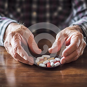 Old man hands taking pills close-up. AI generated picture