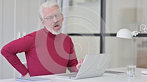 Old Man having Back Pain while working on Laptop