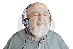 old man with headphones isolated on white background