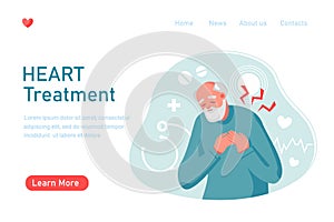 Old man with heart pain, attack touching chest. Heart treatment, health care and disease diagnostic concept.