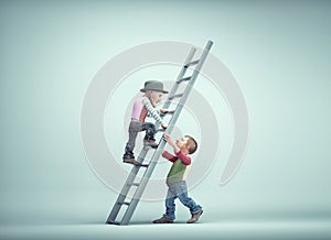 Old man is helping another to climb a ladder