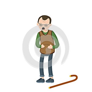 Old man holding his stomach. Senior with griping. Elderly man sick. Vector illustration flat design.