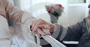 Old man, hospital bed and woman holding hands to support and empathy for sick partner with medical healthcare. Senior