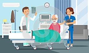 Old Man in Hospital Room. Vector Flat Illustration