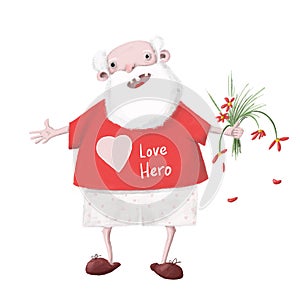 Old man in love, funny love hero valentines illustration