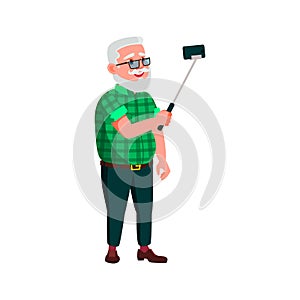 old man make selfie on smartphone camera on stick cartoon vector