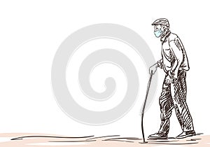 old man in medical face mask walking slowly leaning on stick, Coronavirus pandemic people sketch