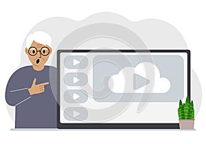 A old man near a large screen TV, tablet or computer with a video play button. The concept of watching a video, channel
