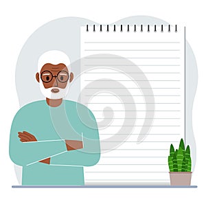 A old man next to a large notepad or large notebook. The concept of filling a notebook or notepad, writing notes, time