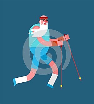 Old man Nordic walking isolated. Grandfather go with ski poles. Training for pensioners. Elderly runner