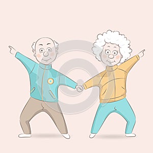 Old man and old woman doing exercises. Sport. Morning exercises. Cartoon vector illustration