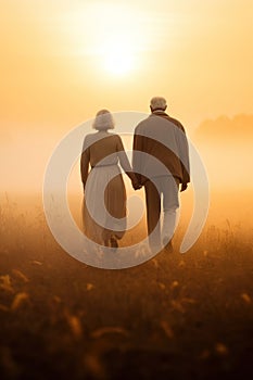 old man and old woman holding hands. back view, rear view, full view.