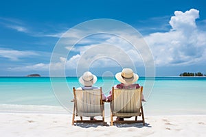 old man and old woman on vacation, back view, sitting on sun lounger chair right on the beach by the sea by the water, empty