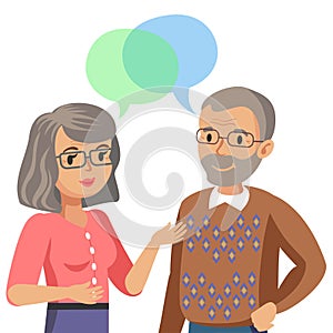 Old man and old women talking. Talk of spouse or friends. Vector photo