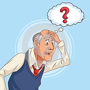 Old man patient of alzheimer disease with ask speech bubble