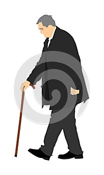 Old man person with stick. Elder senior walking alone vector isolated on white. Mature old people active life. Grandfather