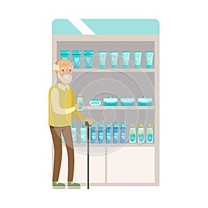 Old Man In Pharmacy Choosing And Buying Drugs And Cosmetics, Part Of Set Of Drugstore Scenes With Pharmacists