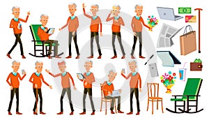 Old Man Poses Set Vector. Asian. Elderly People. Senior Person. Aged. Positive Pensioner. Advertising, Placard, Print