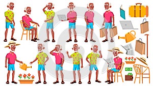 Old Man Poses Set Vector. Black. Afro American. Elderly People. Senior Person. Aged. Friendly Grandparent. Web, Poster