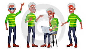 Old Man Poses Set Vector. Black. Afro American. Elderly People. Senior Person. Aged. Positive Pensioner. Web, Brochure