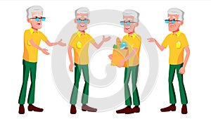 Old Man Poses Set Vector. Elderly People. Senior Person. Aged. Beautiful Retiree. Life. Presentation, Print, Invitation