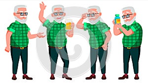 Old Man Poses Set Vector. Elderly People. Senior Person. Aged. Cheerful Grandparent. Presentation, Invitation, Card