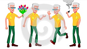 Old Man Poses Set Vector. Elderly People. Senior Person. Aged. Comic Pensioner. Lifestyle. Postcard, Cover, Placard