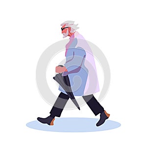 An old man in a raincoat with a black folded umbrella. Gray haired grandfather on a walk. Hand graw Isolated cartoon