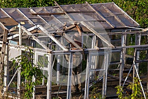 The old man repairs the greenhouse in the garden