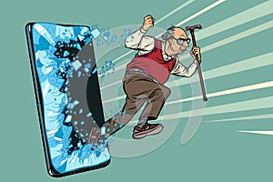 Old man retired grandfather Phone gadget smartphone. Online Internet application service program