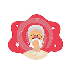 Old man with rhinitis blowing nose into napkin
