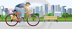 Old man rides a bicycle. Urban sports. Fitness and healthy lifestyle. Flat cartoon style. Cycling in old age. On