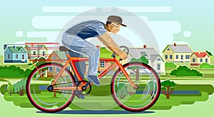 The old man rides a bicycle. Urban sports. Fitness and healthy lifestyle. Flat cartoon style. Cycling in old age