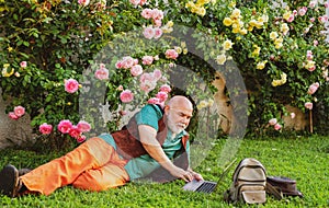 Old man in roses garden with online laptop. Social network concept. Happy old age.