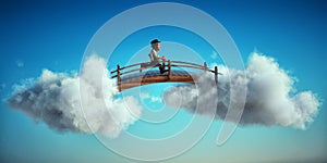 Old man running on a bridge between two clouds. Aspiration and dream big concept