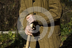 Old man& x27;s hands. Old man holding stick. Poor clothes. Elderly person works on land