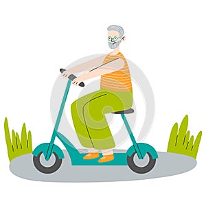 Old man on seat of electric scooter. Modern grandfather with eco-friendly moped. Rider sitting on chair of trendy urban