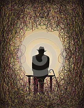 An old man sits on a bench with his cane and is surrounded by a tangle of colorful tangles of trouble photo