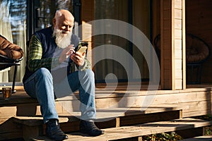 Old man sits on the porch of a country house