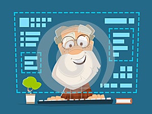 Old man sitting front computer monitor Online education