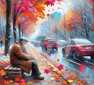 An old man sitting on the side of the road, pedestrians, cars coming, maple leaves, snowing, wind blowing, maple leaves blowing, photo