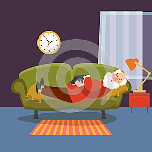 Old man sleeping on sofa with book. Elderly relaxing home or grandfather resting vector illustration