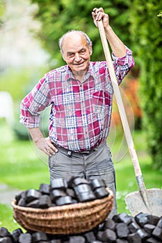 Old man smiling, leaning against a spade next to a pile of coal briquettes with a basket full of them in front of him