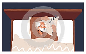 Old Man Snore Lying In Bad Top View. Senior Male Character Sleep Apnea And Respiratory Disease, Grandfather Loud Noise