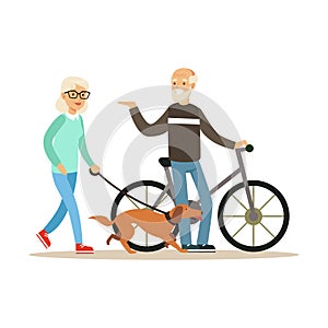 Old man standing next to a bike, senior woman walking with dog, healthy active lifestyle colorful characters vector