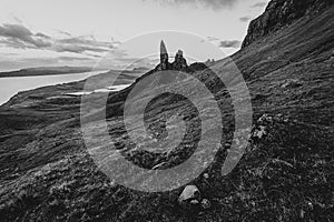 Old Man of Storr black and white landscape image.Famous landmark on Isle of Skye, Scotland