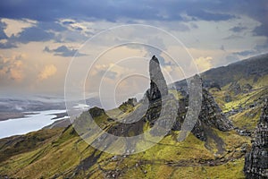 The Old Man of Storr drone view on Scotlandâ€™s Isle of Skye, Scotland