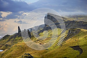 The Old Man of Storr drone view on Scotlandâ€™s Isle of Skye, Scotland