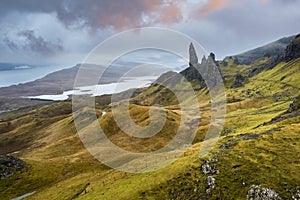 The Old Man of Storr drone view on Scotlandâ€™s Isle of Skye, Scotland